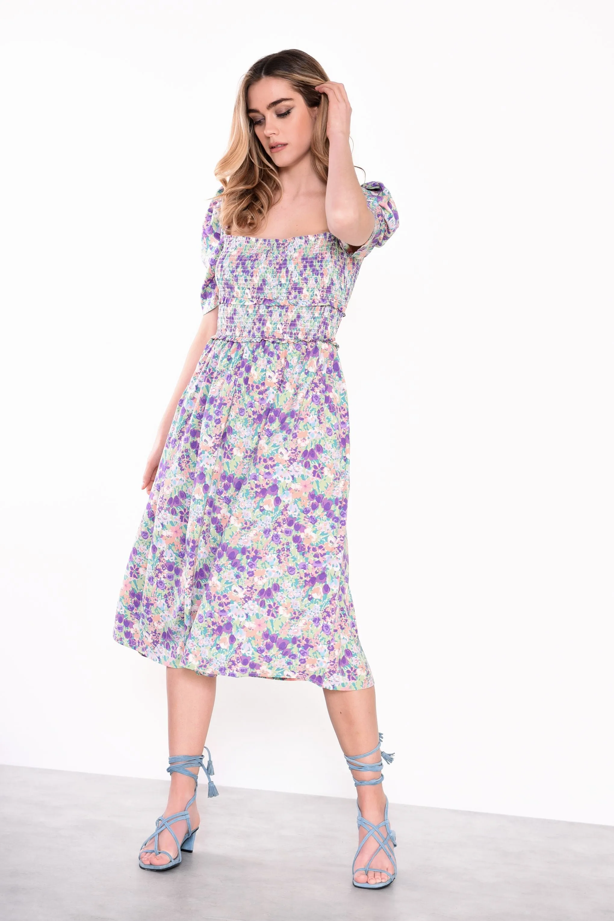 Glamorous Lilac Garden Floral Square Neck Short Sleeve Midi Dress