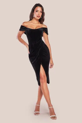 Goddiva Draped Shoulder Velvet Corset Midi Dress - Black