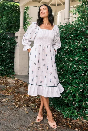 Grace Pure Linen Embroidered Ruched Dress