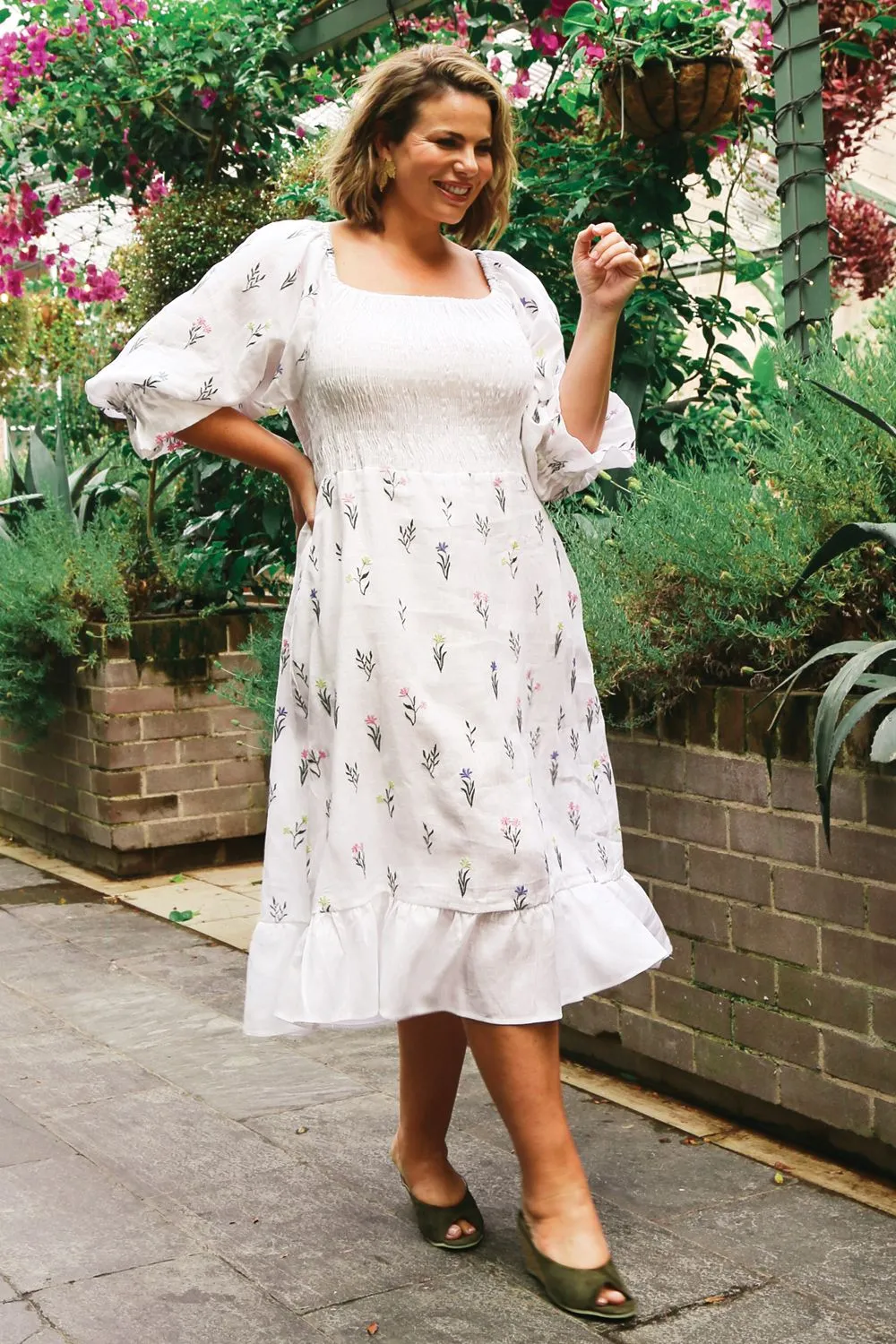 Grace Pure Linen Embroidered Ruched Dress