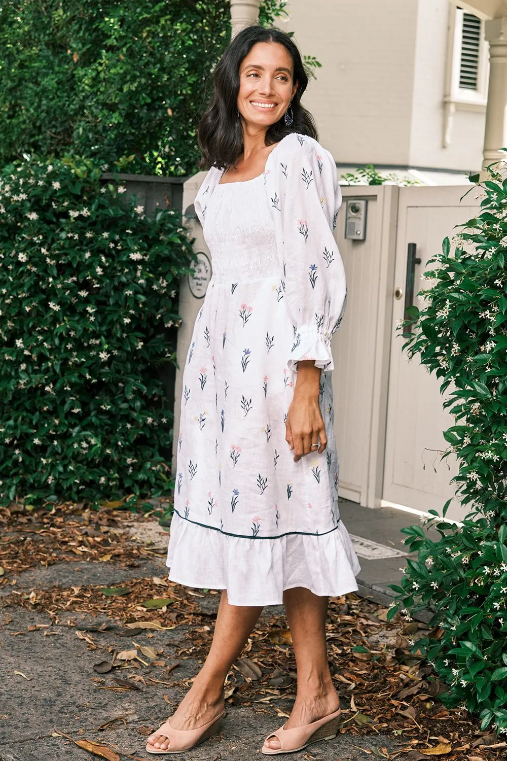 Grace Pure Linen Embroidered Ruched Dress