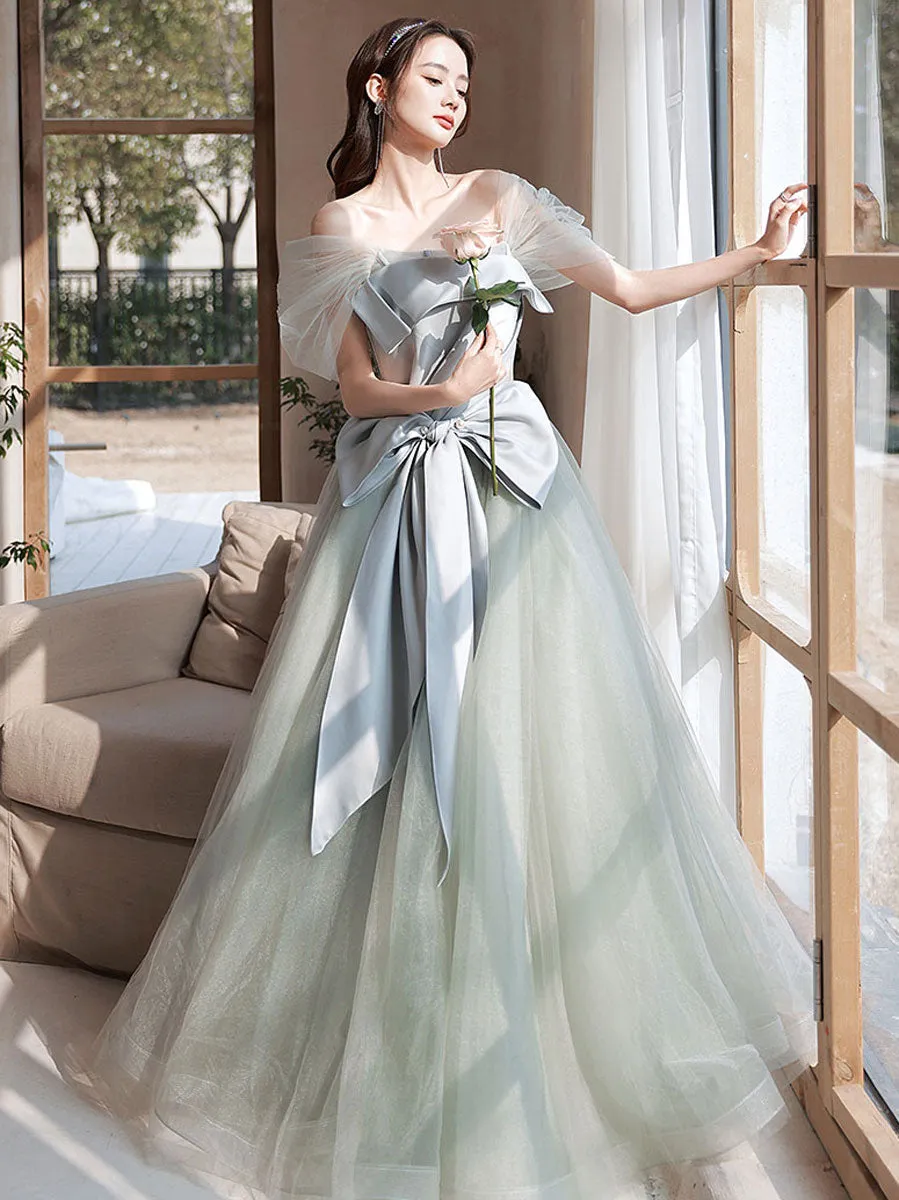 Gray Green Tulle Long Prom Dresses, Tulle Formal Graduation Dresses