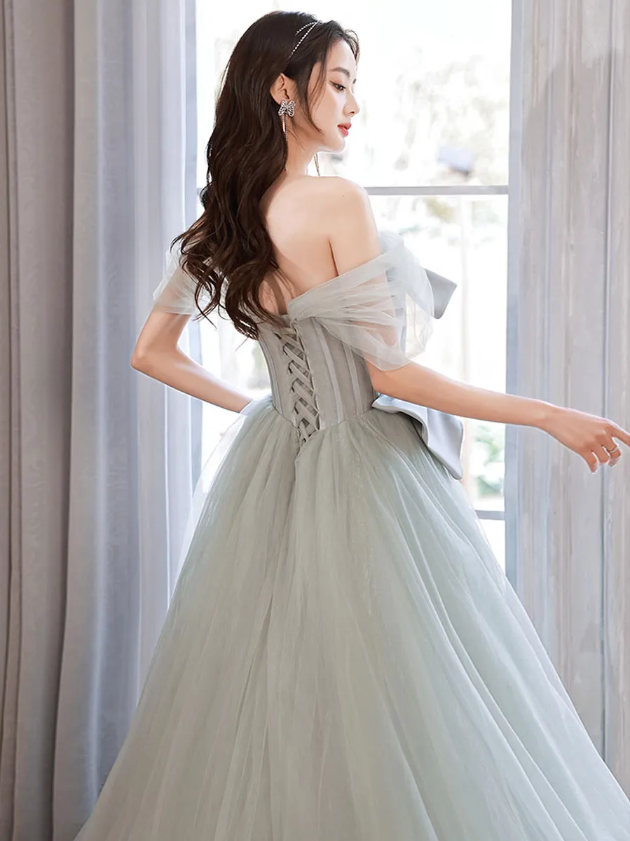 Gray Green Tulle Long Prom Dresses, Tulle Formal Graduation Dresses