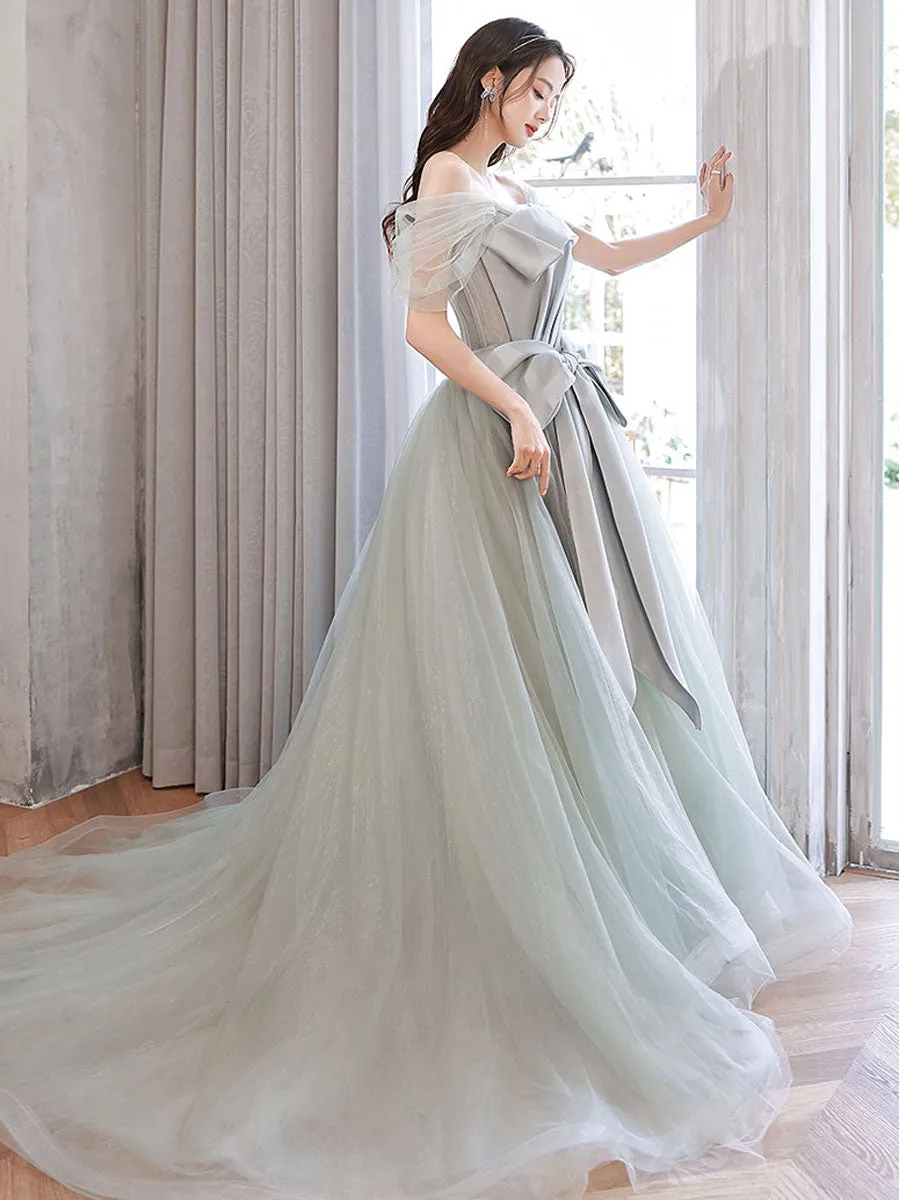 Gray Green Tulle Long Prom Dresses, Tulle Formal Graduation Dresses