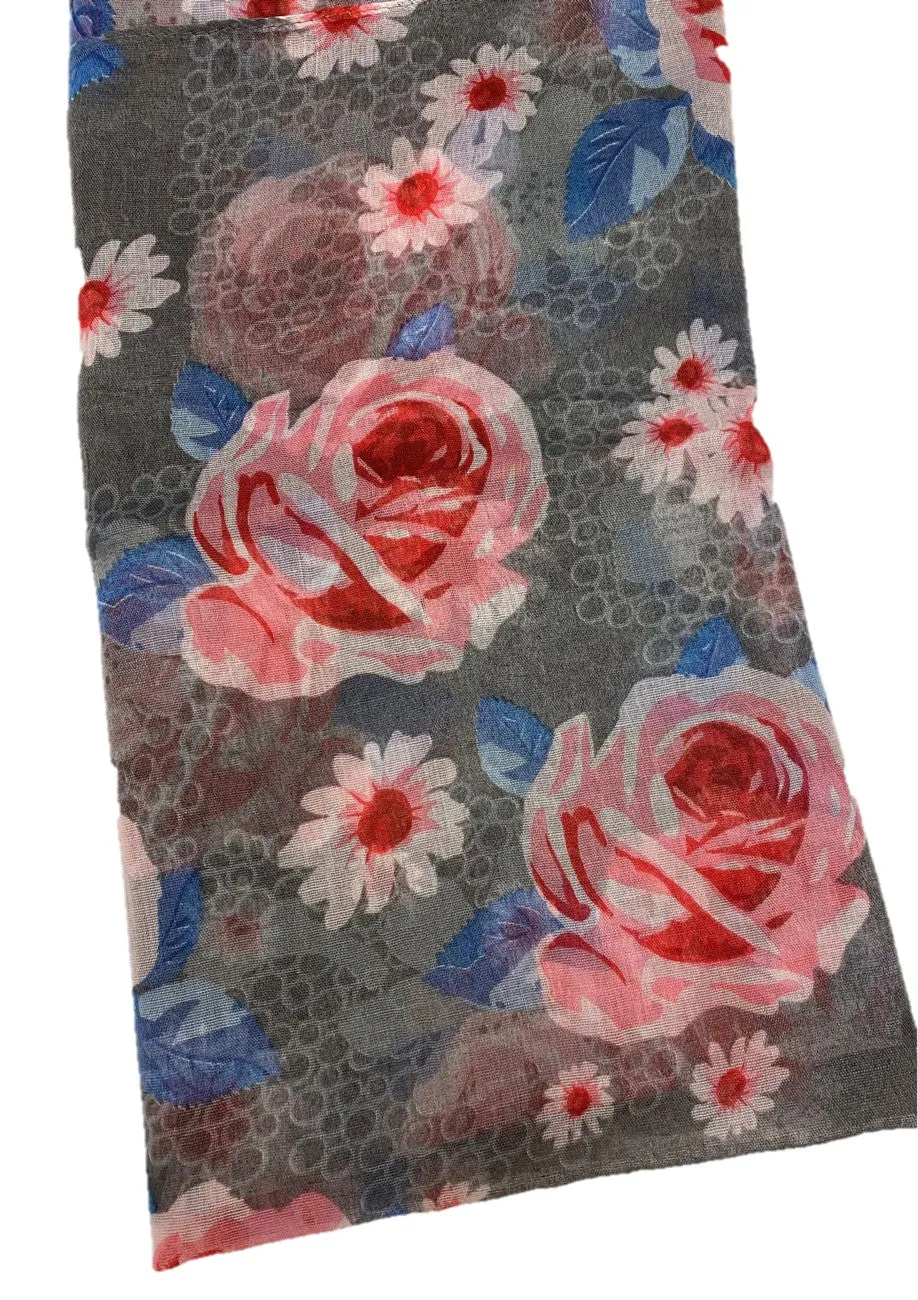 Gray/Pink Flowers Viscose Printed