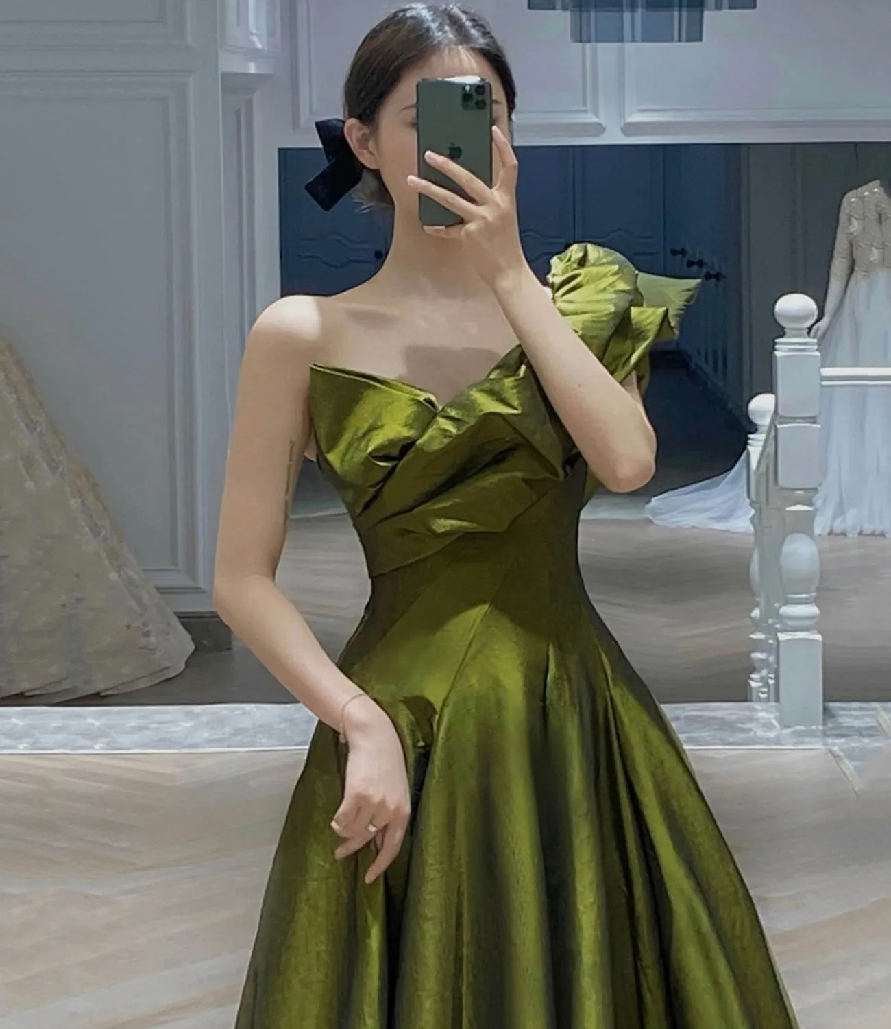 GREEN SATIN LONG PROM DRESS A LINE EVENING DRESS         fg456