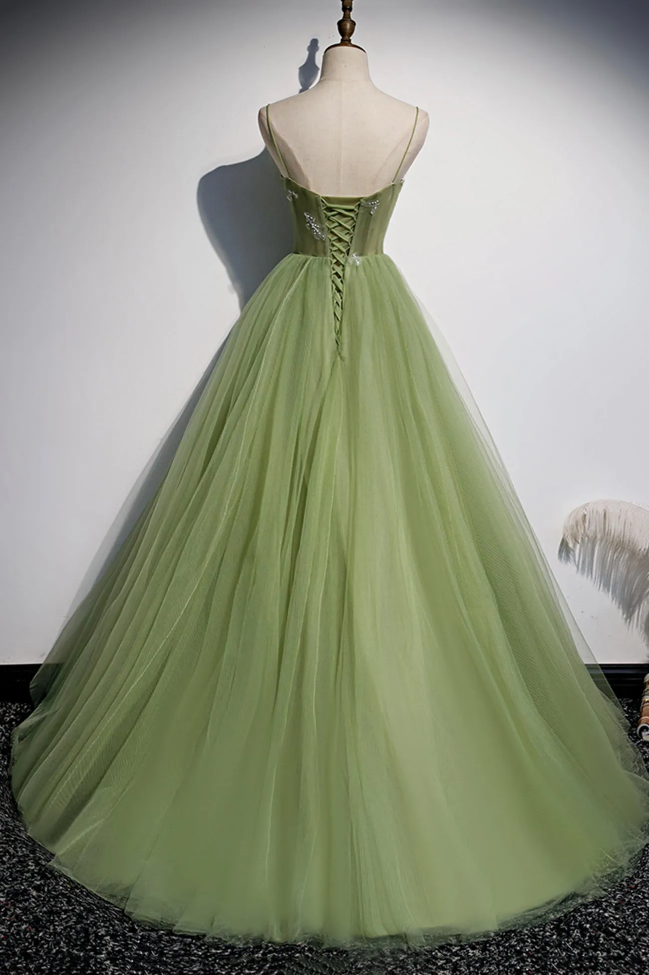 Green Tulle Long A-Line Prom Dresses, Green Spaghetti Straps Evening Dresses