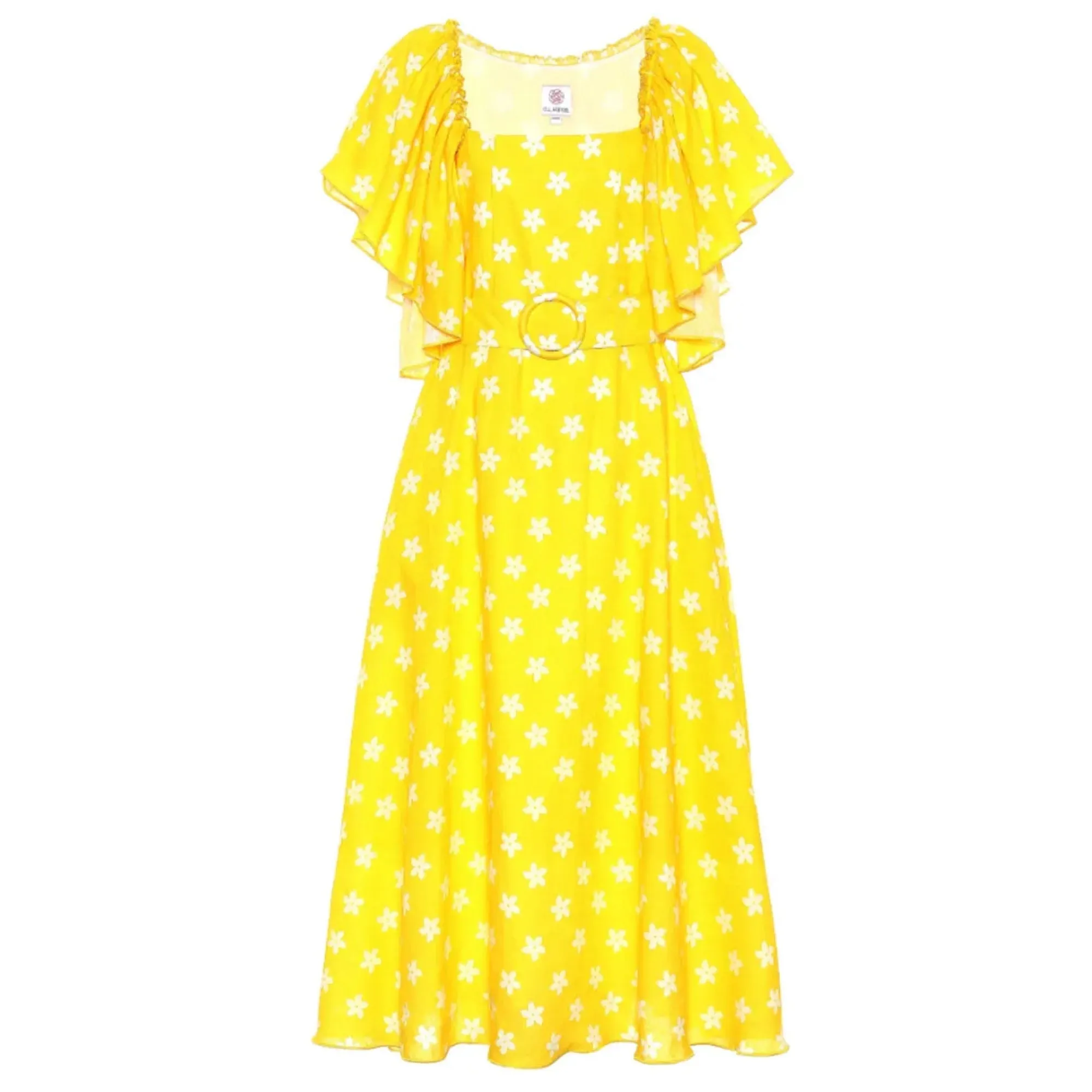 Gul Hurgel Yellow / White Floral Printed Belted Linen Midi Dress