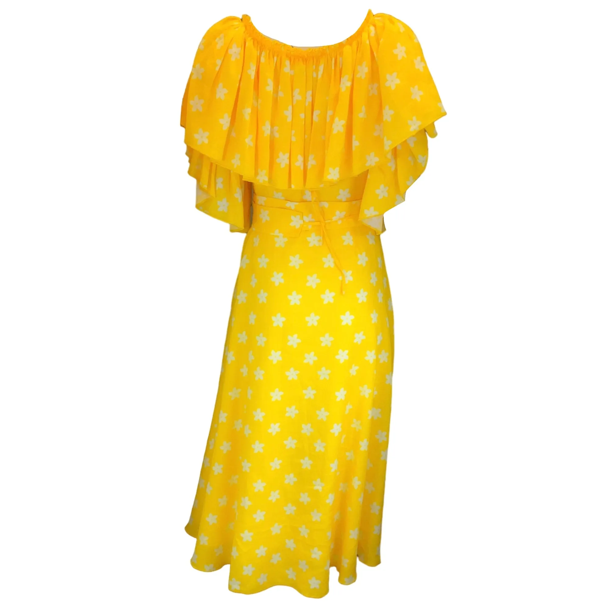 Gul Hurgel Yellow / White Floral Printed Belted Linen Midi Dress