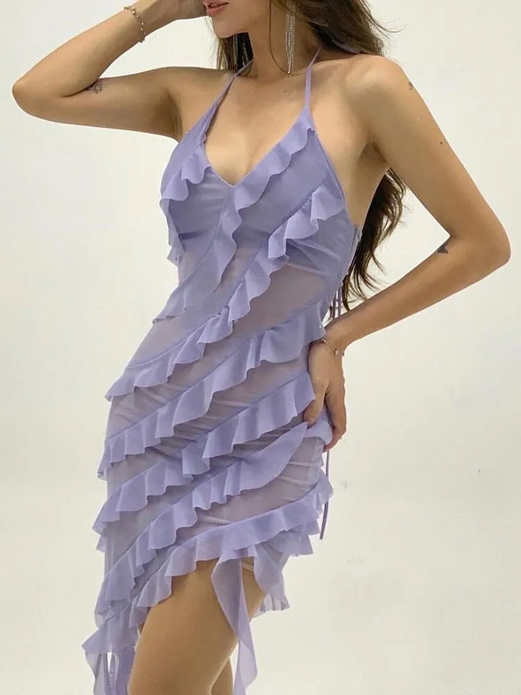 Halter Neck Asymmetrical Ruffle Dress