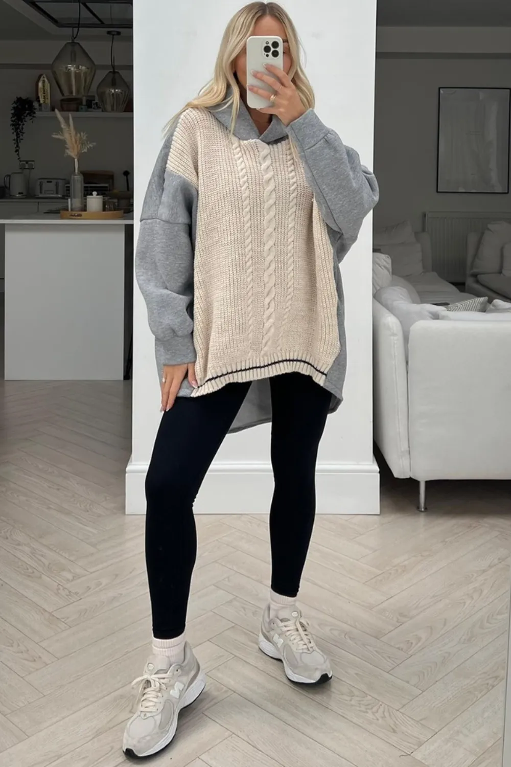 Harlow grey & stone cable knit hoodie