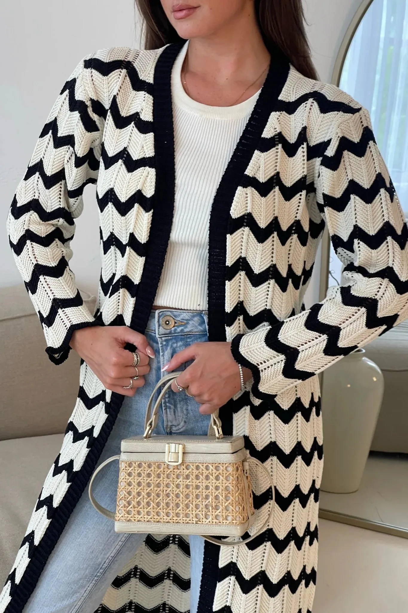 Ingrid Crochet Monochrome Chevron Cardigan (Black/Cream)