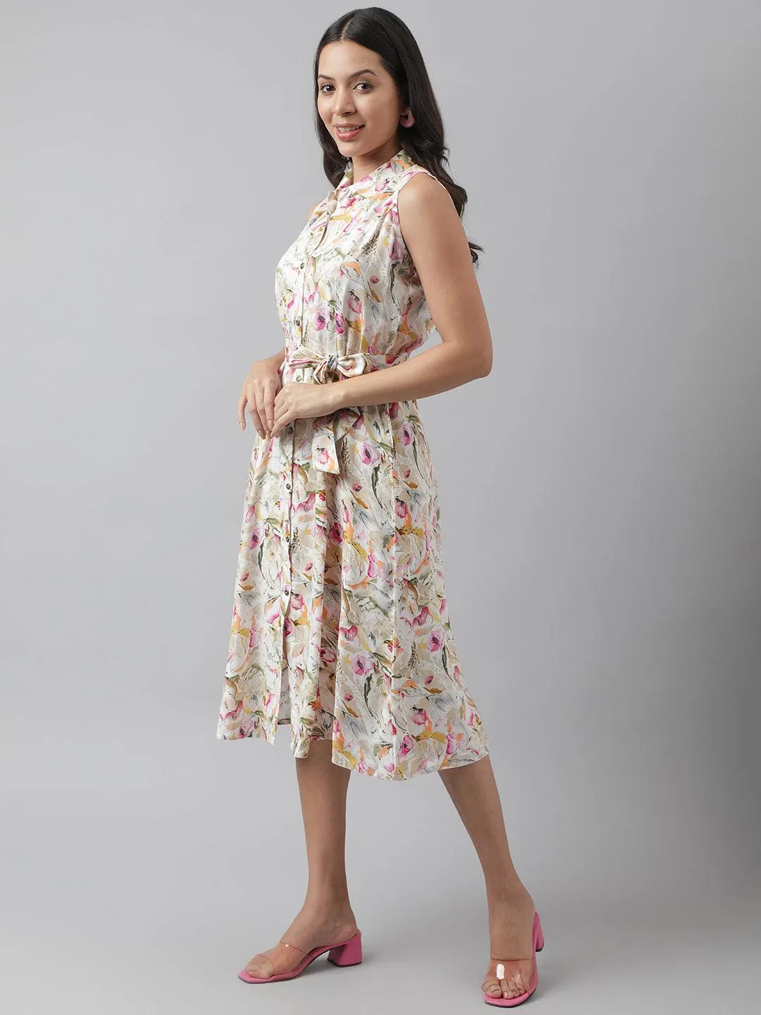 Jashvi Rayon Cream A-Line Floral Printed Midi Dress