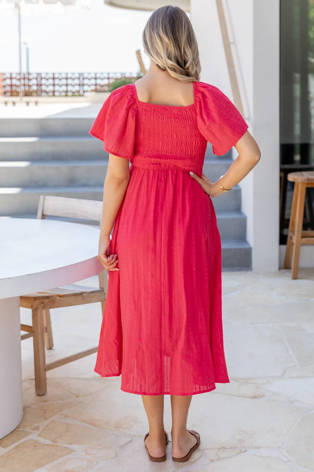 Jasmine Shirred Midi Dress Red