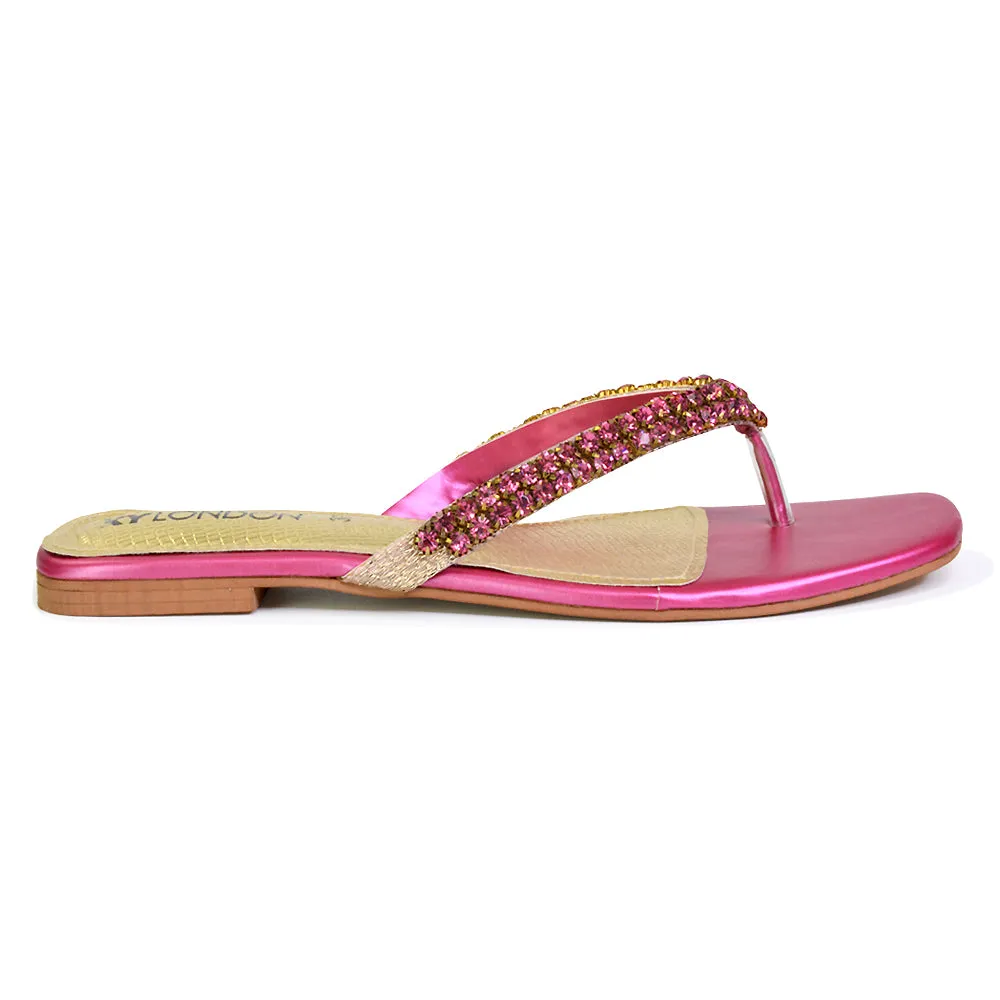 Jazlyn Flat Diamante Flip Flop Sandals Thong Summer Shoes in Pink