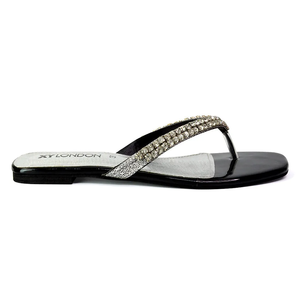 Jazlyn Flat Diamante Flip Flop Sandals Thong Summer Shoes in Pink