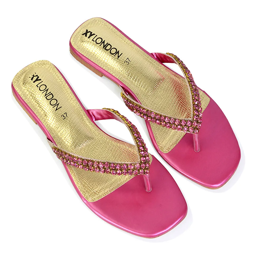 Jazlyn Flat Diamante Flip Flop Sandals Thong Summer Shoes in Pink