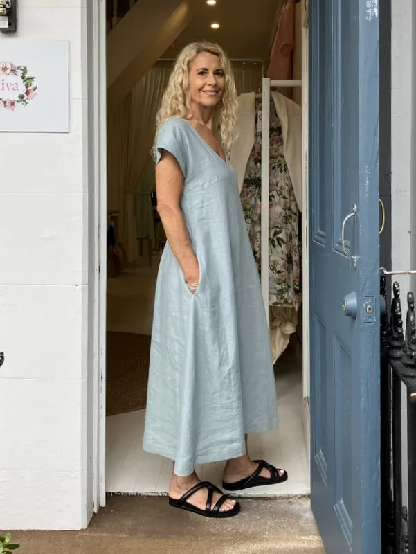 Jiva Linen Greta Dress - Eggshell Blue