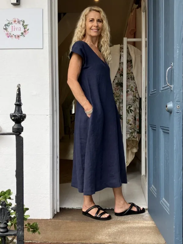 Jiva Linen Greta Dress - Navy