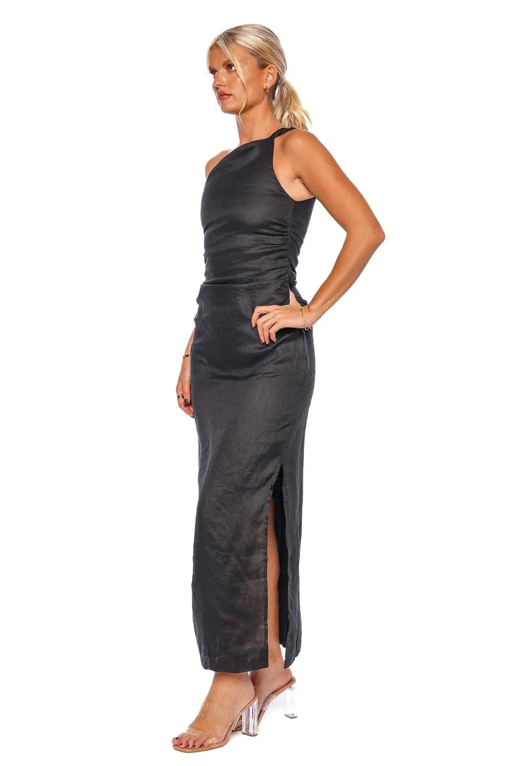 Jomana Black Linen Midi Dress