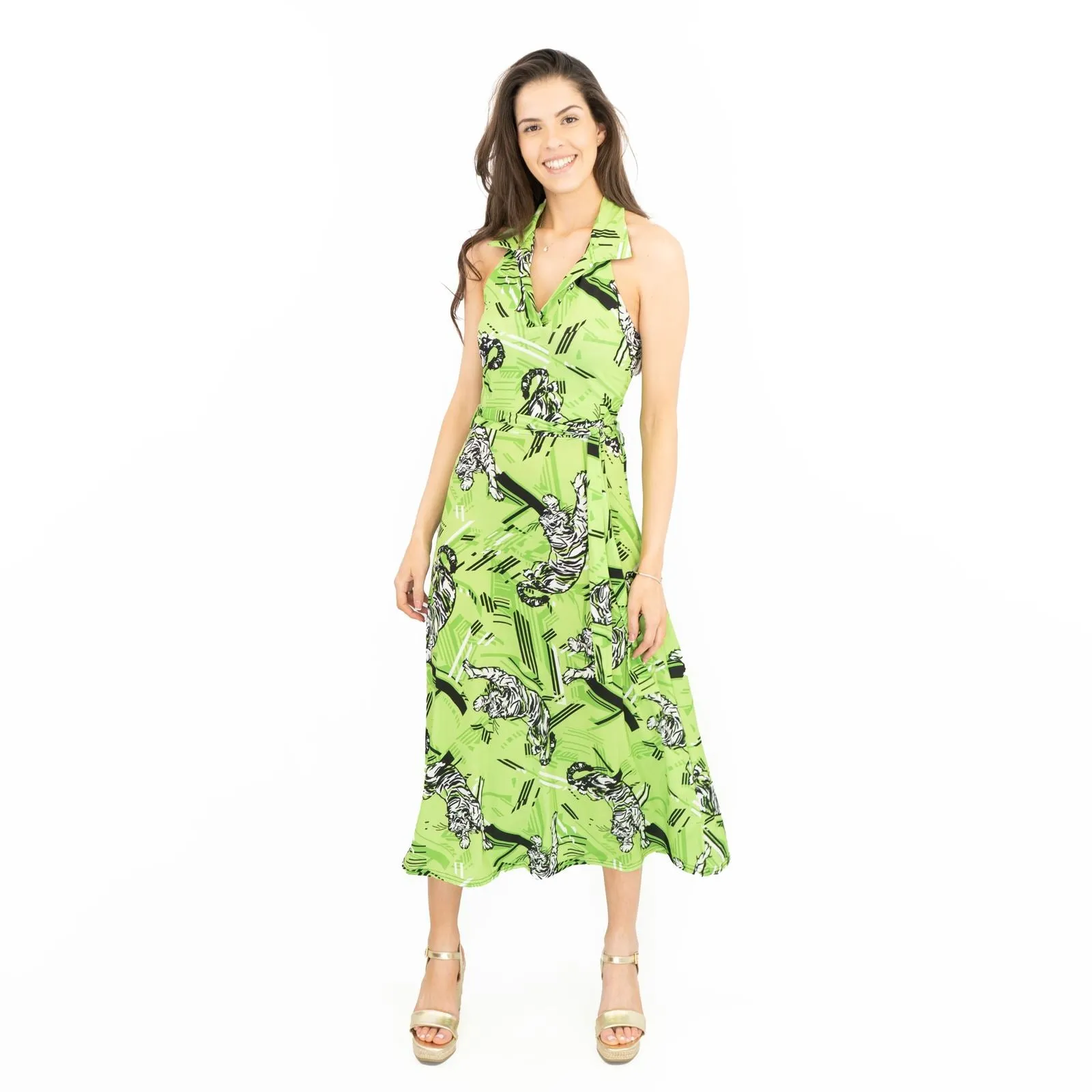 Karen Millen Green Tiger Print Sleeveless Summer Midi Dresses