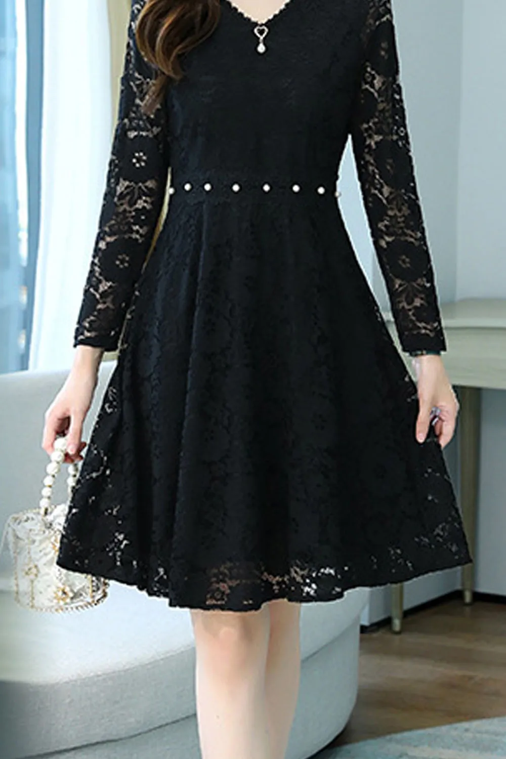 Ketty More Women Long Sleeve Mid Length Lace Pattern V-Neck Trendy Dress-KMWDC290