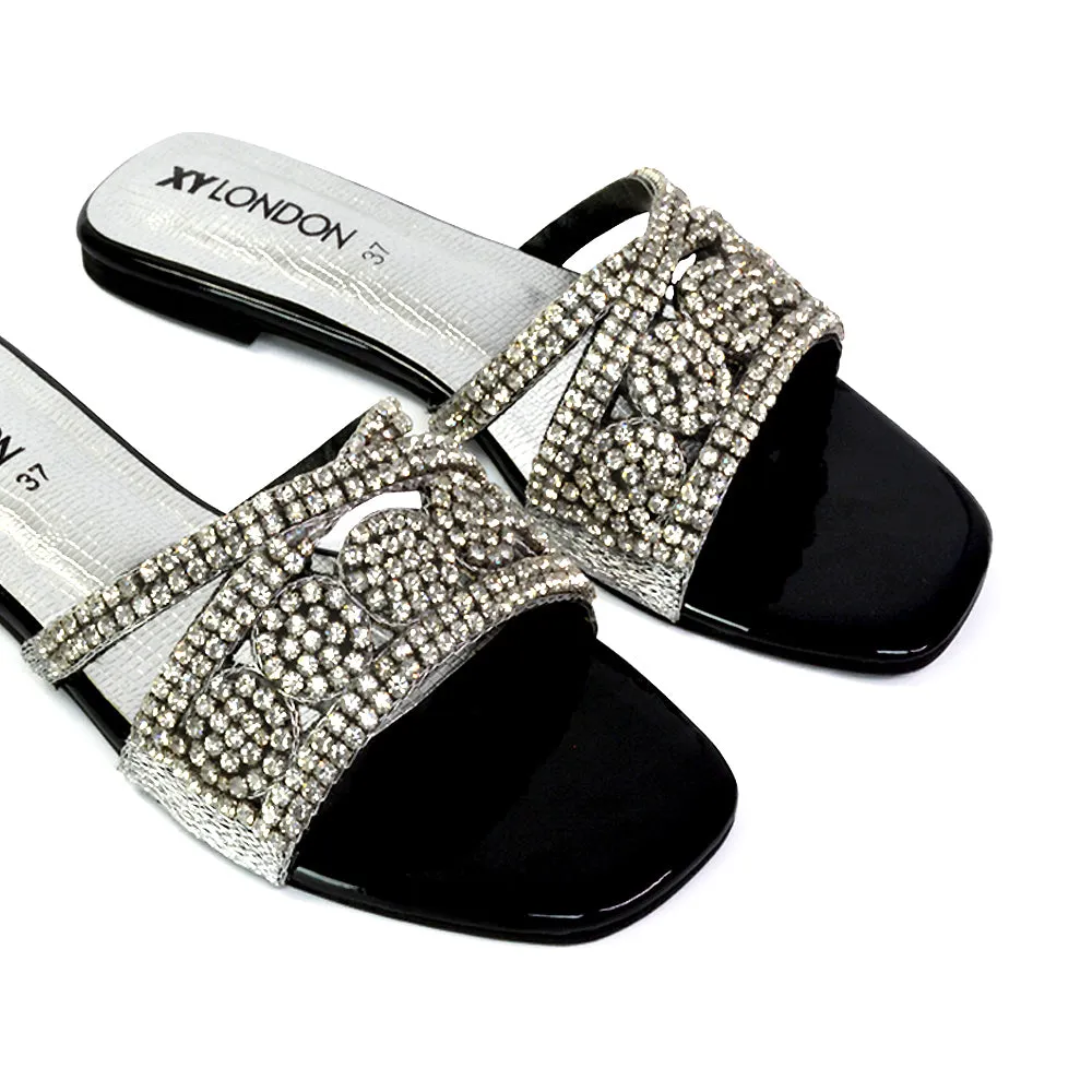 Kingsley Embellished Diamante Flat Sandal Slides Summer Square Toe Shoes in Silver