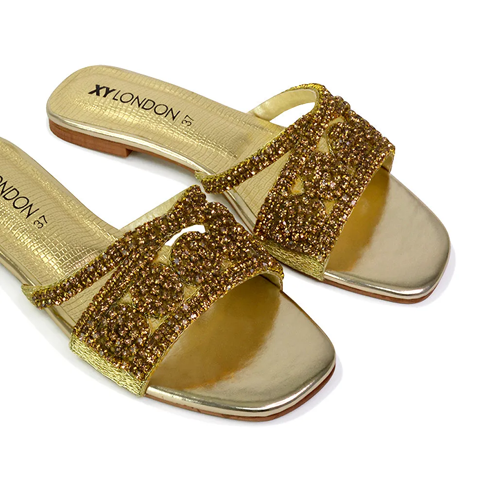 Kingsley Embellished Diamante Flat Sandal Slides Summer Square Toe Shoes in Silver