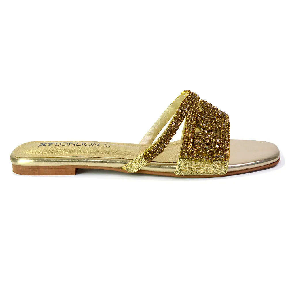 Kingsley Embellished Diamante Flat Sandal Slides Summer Square Toe Shoes in Silver