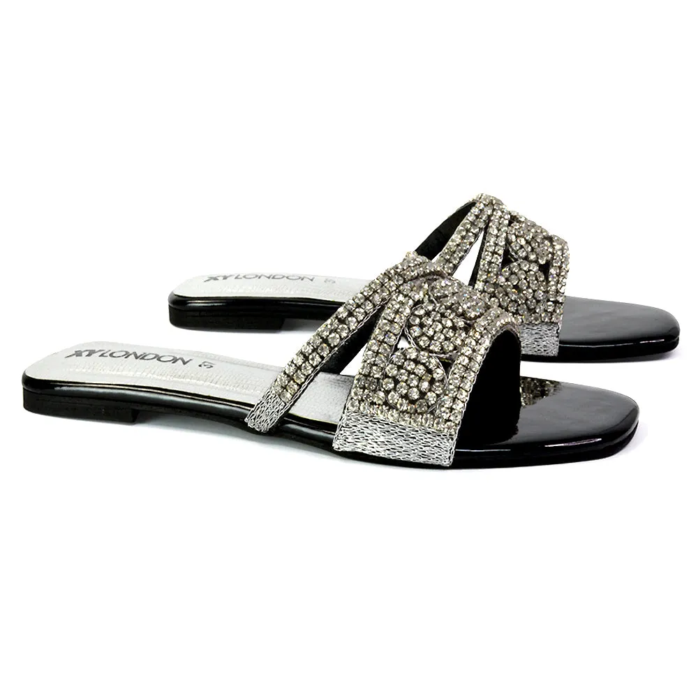 Kingsley Embellished Diamante Flat Sandal Slides Summer Square Toe Shoes in Silver