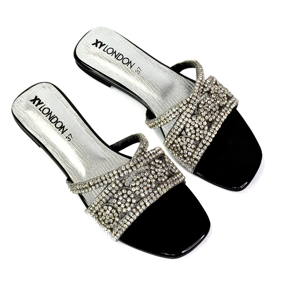 Kingsley Embellished Diamante Flat Sandal Slides Summer Square Toe Shoes in Silver