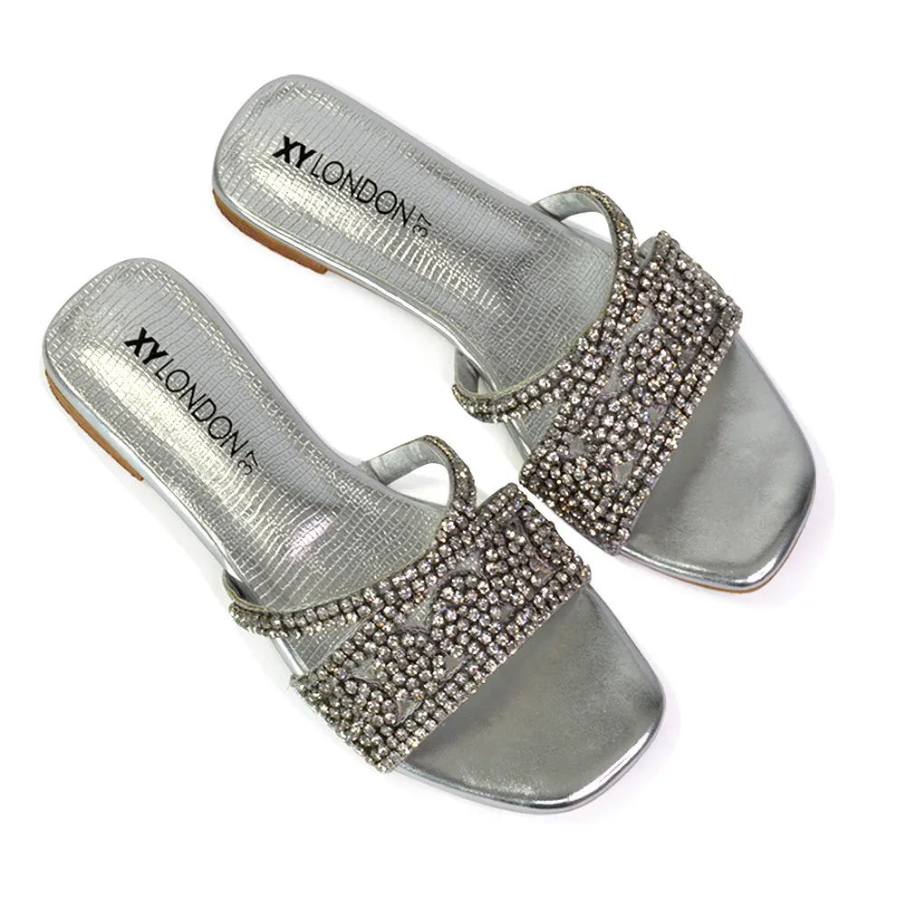 Kingsley Embellished Diamante Flat Sandal Slides Summer Square Toe Shoes in Silver