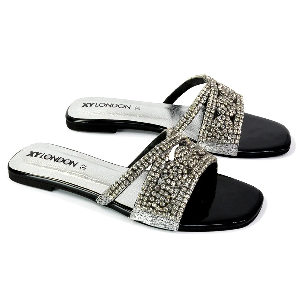 Kingsley Embellished Diamante Flat Sandal Slides Summer Square Toe Shoes in Silver