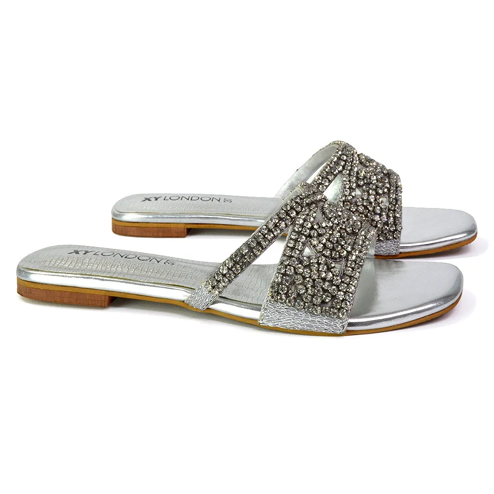 Kingsley Embellished Diamante Flat Sandal Slides Summer Square Toe Shoes in Silver