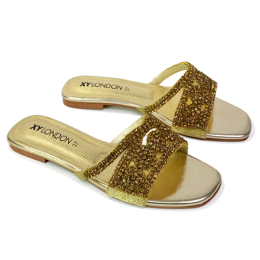 Kingsley Embellished Diamante Flat Sandal Slides Summer Square Toe Shoes in Silver