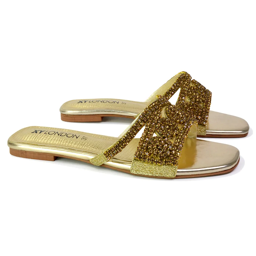 Kingsley Embellished Diamante Flat Sandal Slides Summer Square Toe Shoes in Silver