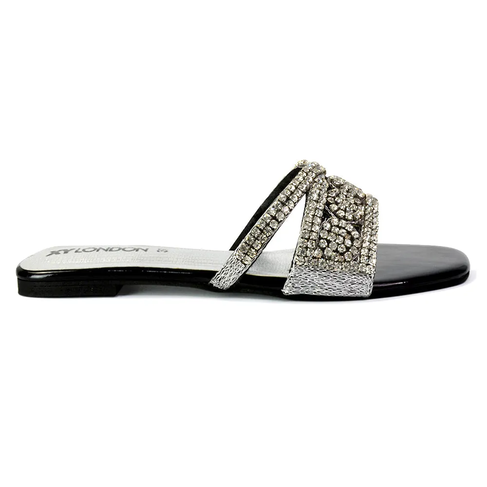 Kingsley Embellished Diamante Flat Sandal Slides Summer Square Toe Shoes in Silver