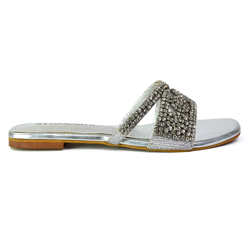 Kingsley Embellished Diamante Flat Sandal Slides Summer Square Toe Shoes in Silver