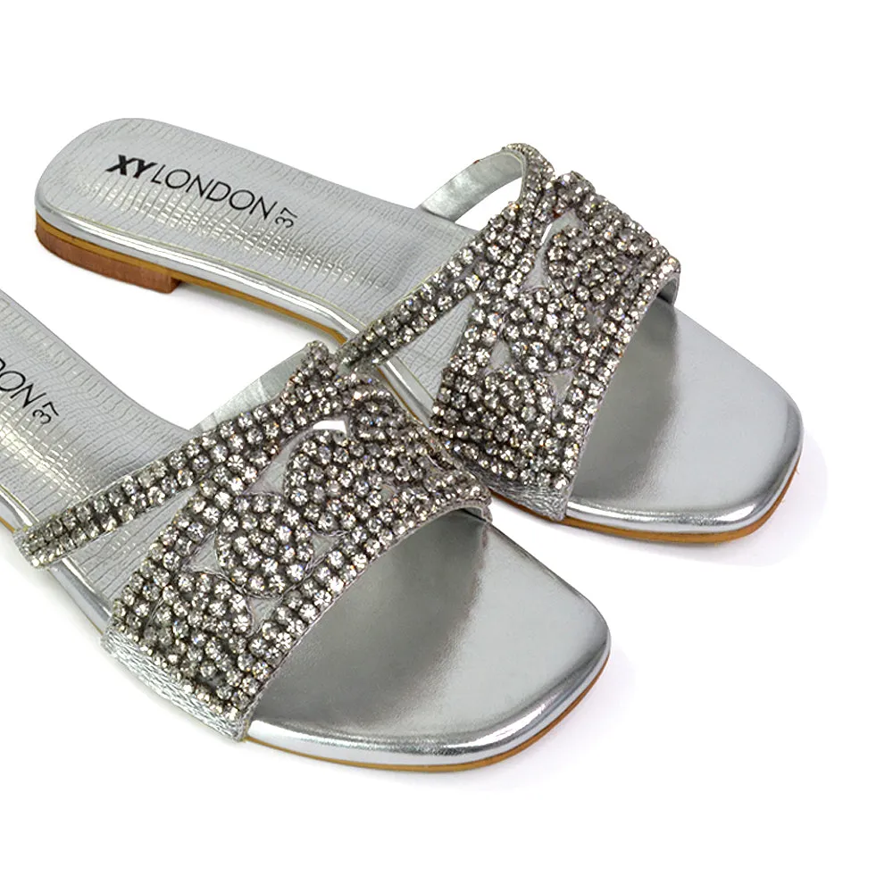 Kingsley Embellished Diamante Flat Sandal Slides Summer Square Toe Shoes in Silver