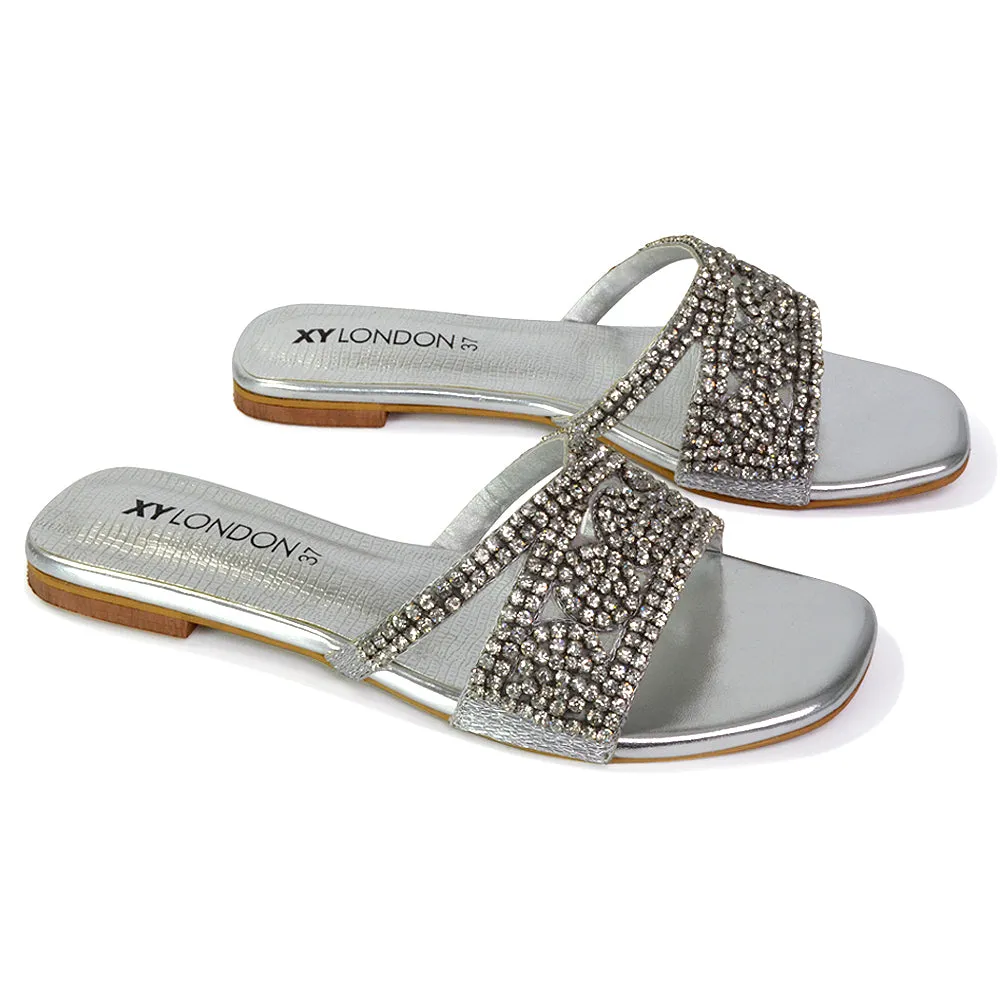 Kingsley Embellished Diamante Flat Sandal Slides Summer Square Toe Shoes in Silver