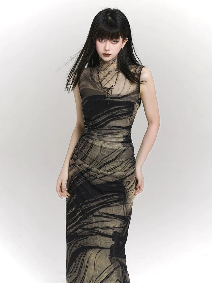 Ladyghost Smoke And Shadows Bodycon Maxi Dress - Women'S Sheer Mesh Layered Abstract Print Dress