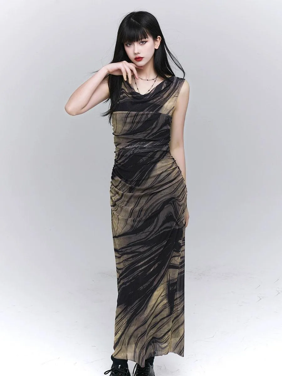 Ladyghost Smoke And Shadows Bodycon Maxi Dress - Women'S Sheer Mesh Layered Abstract Print Dress