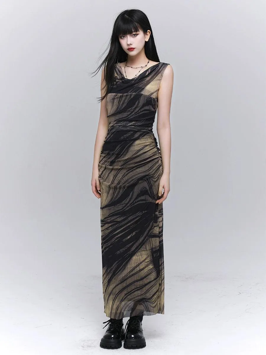 Ladyghost Smoke And Shadows Bodycon Maxi Dress - Women'S Sheer Mesh Layered Abstract Print Dress