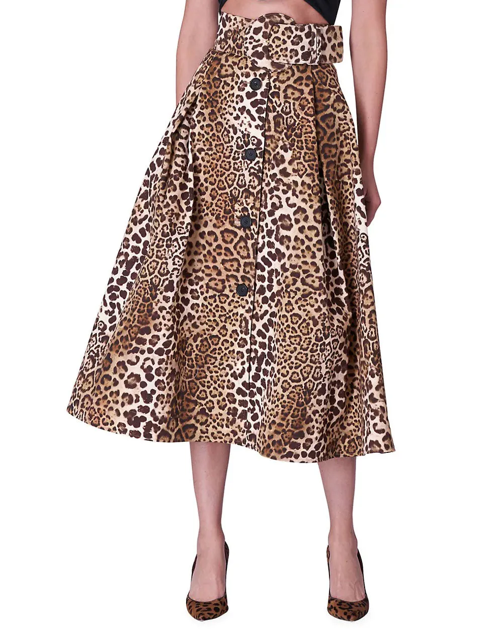 Leopard Print A-Line Button Front Midi Skirt