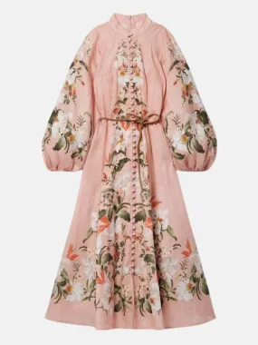 Lexi Belted Floral Print Linen Midi Dress in Pink