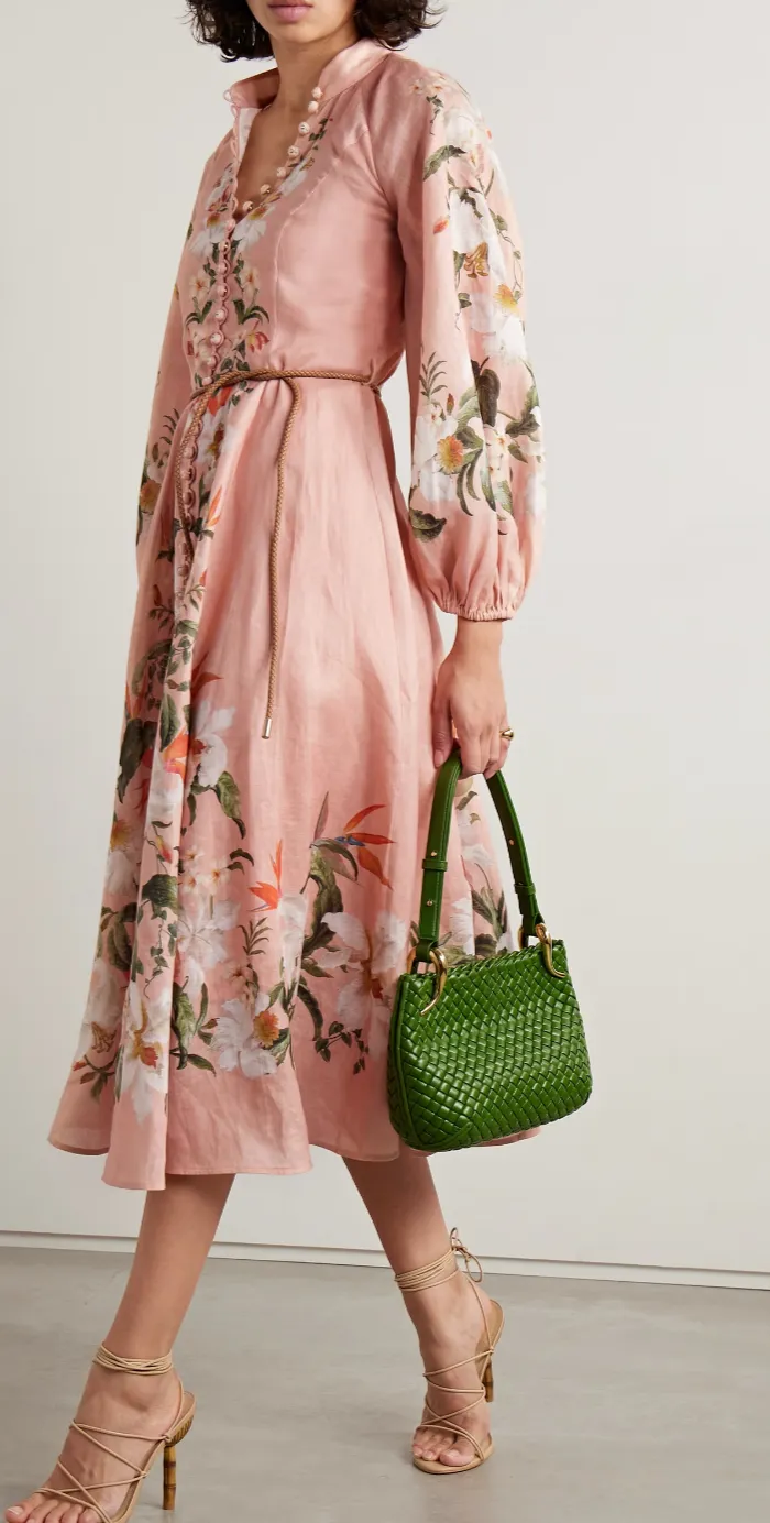 Lexi Belted Floral Print Linen Midi Dress in Pink