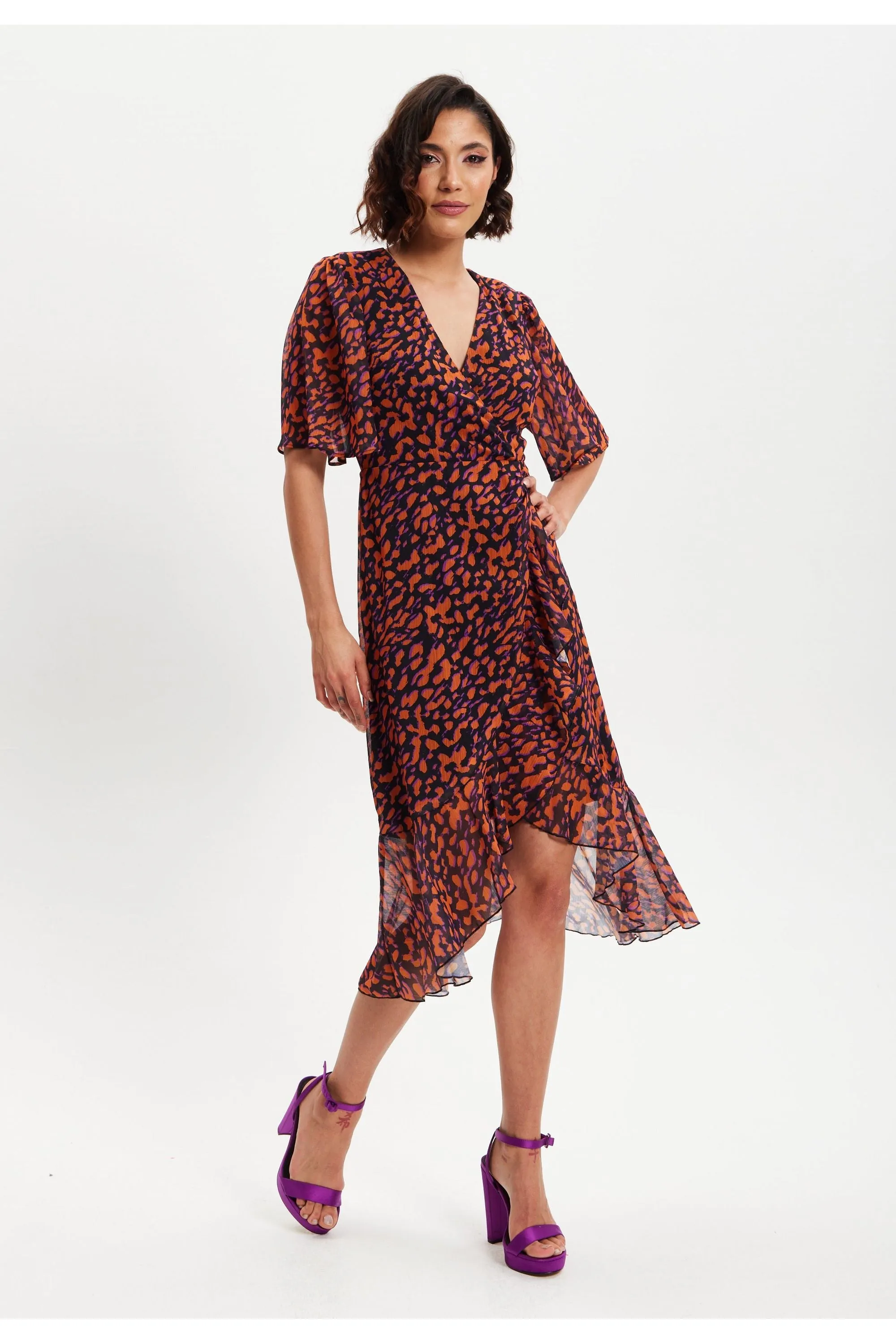 Liquorish Animal Print Organza Double Breasted Midi Dress