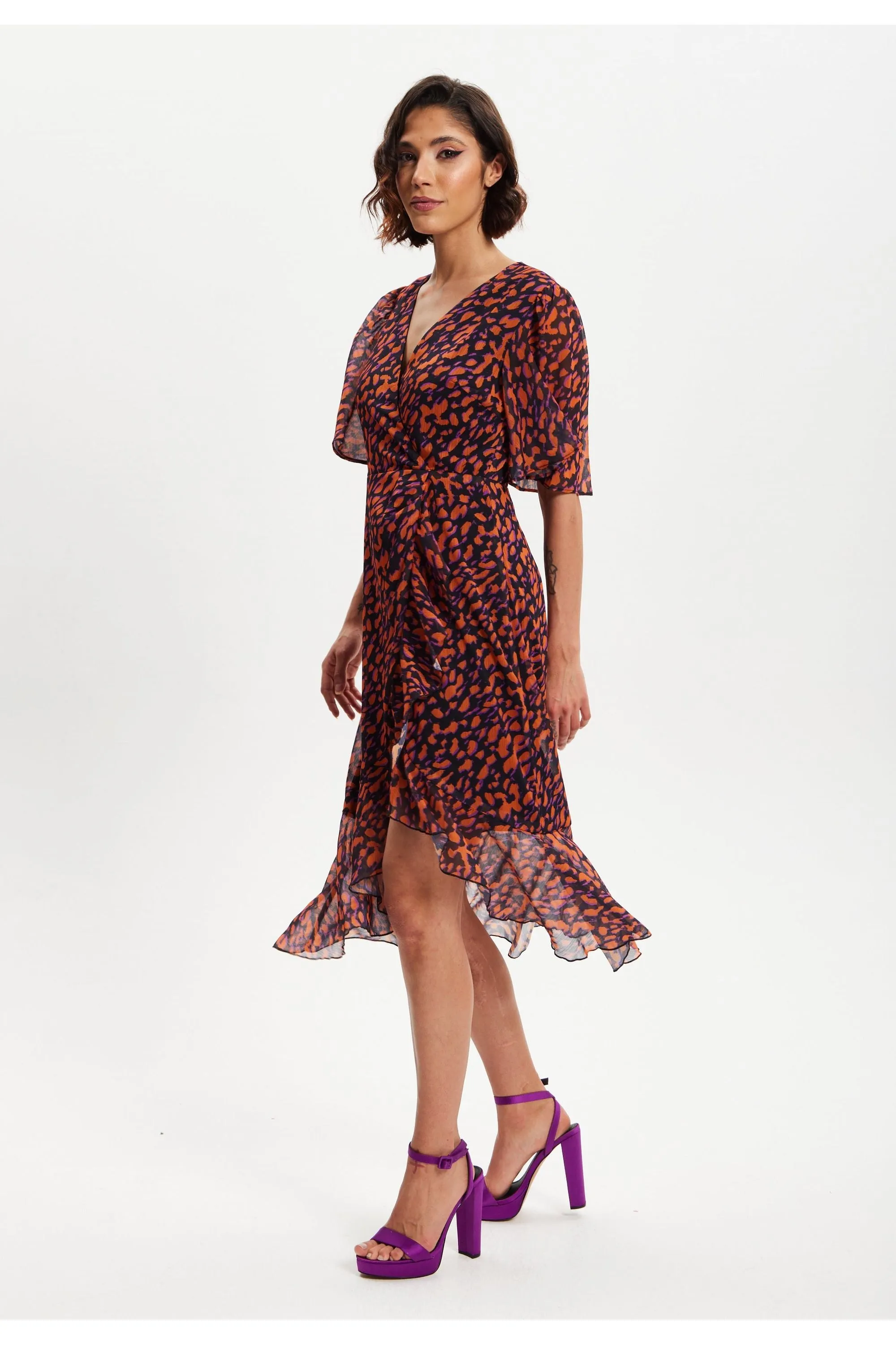 Liquorish Animal Print Organza Double Breasted Midi Dress