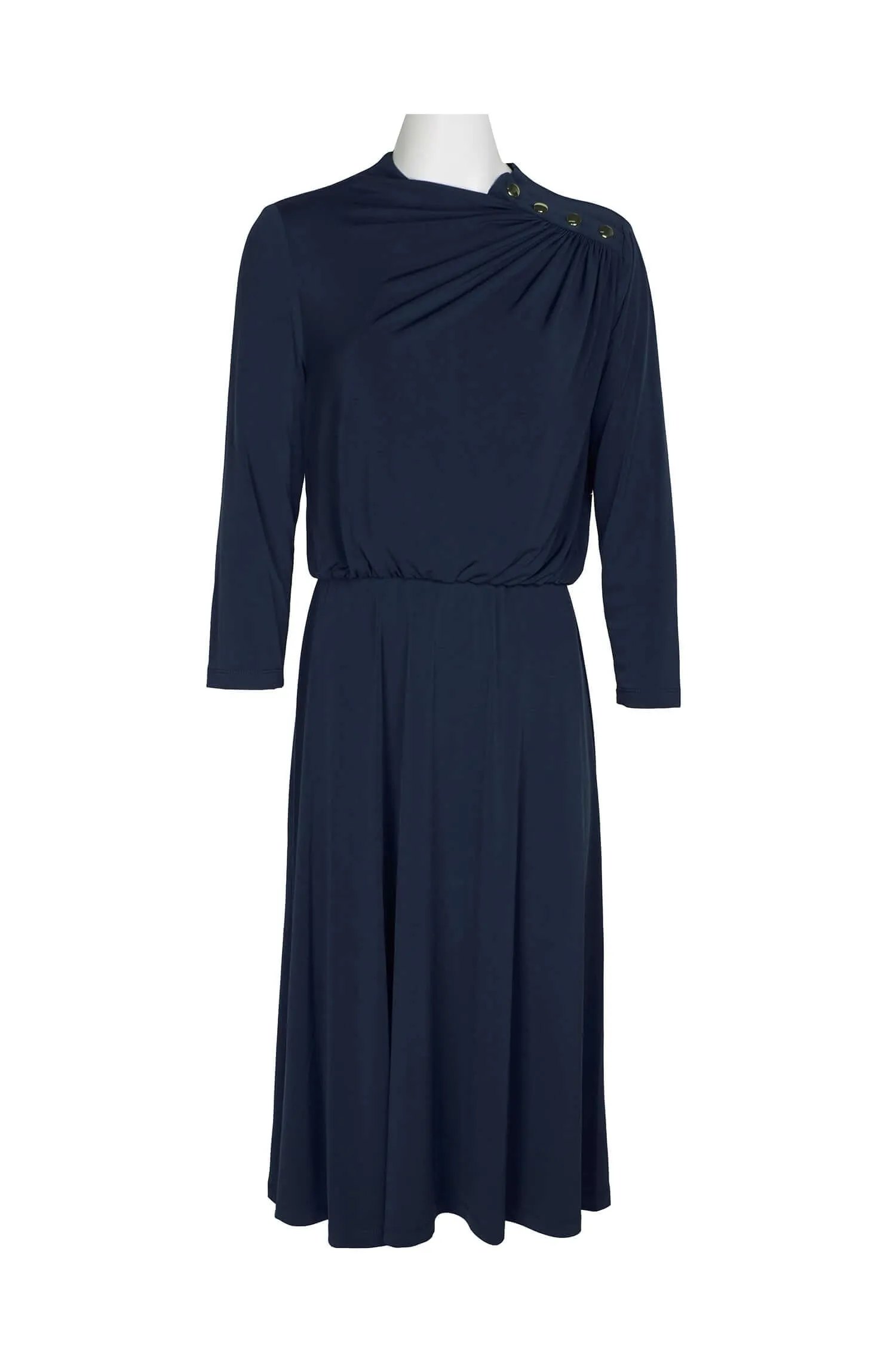 London Times Crew Neck Side Shirred Button Neck Blouson ITY Midi Dress