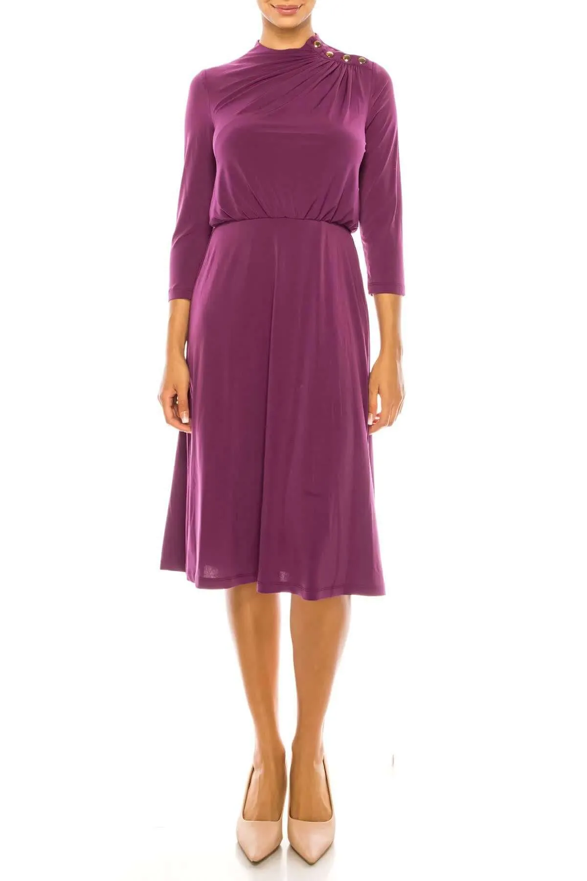 London Times Crew Neck Side Shirred Button Neck Blouson ITY Midi Dress